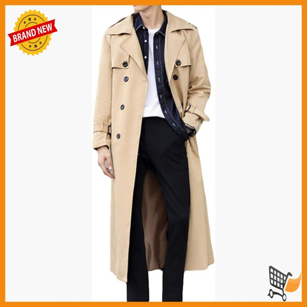 Men's Long Trench Coat Windbreaker Double Breasted Lapel Jacket Overcoat